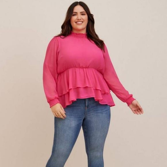 torrid Tops - Torrid Women's 3X 22-24 Crinkle Chiffon Smock Neck Ruffle Tiered Top, Pink